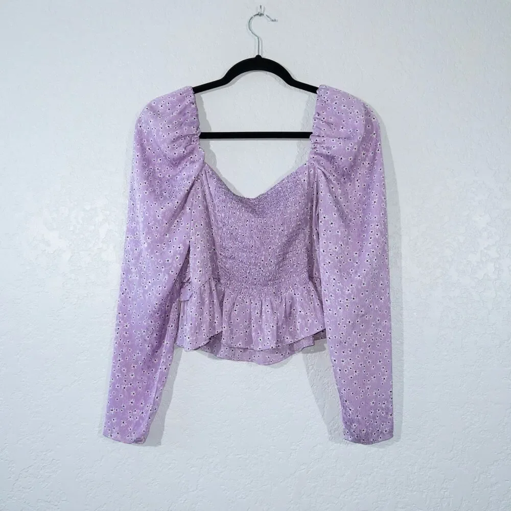 New Zara Purple Daisy Floral Long‎ Sleeve Crop Top Size Large